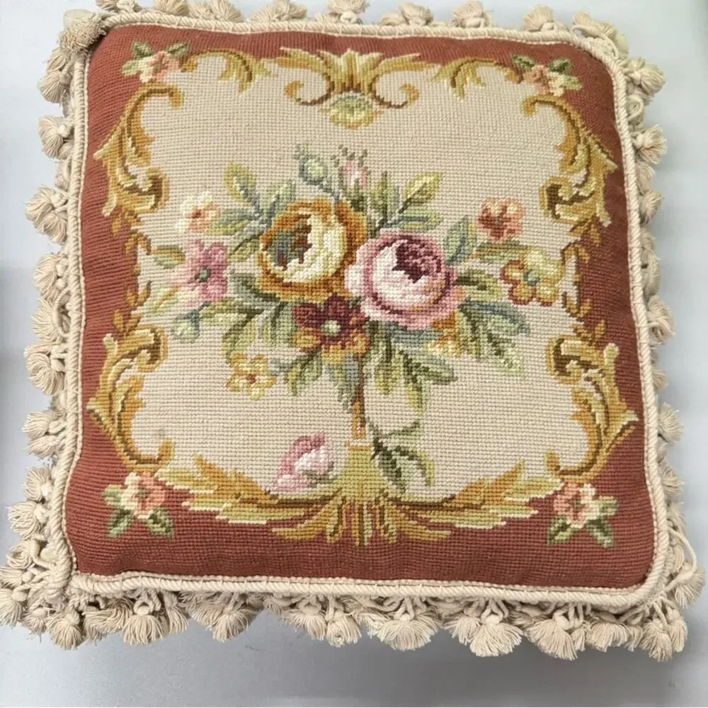 Large Rose Embroidered Tapestry Accent Pillow Tan Pink Tassels Boho Grandma Core